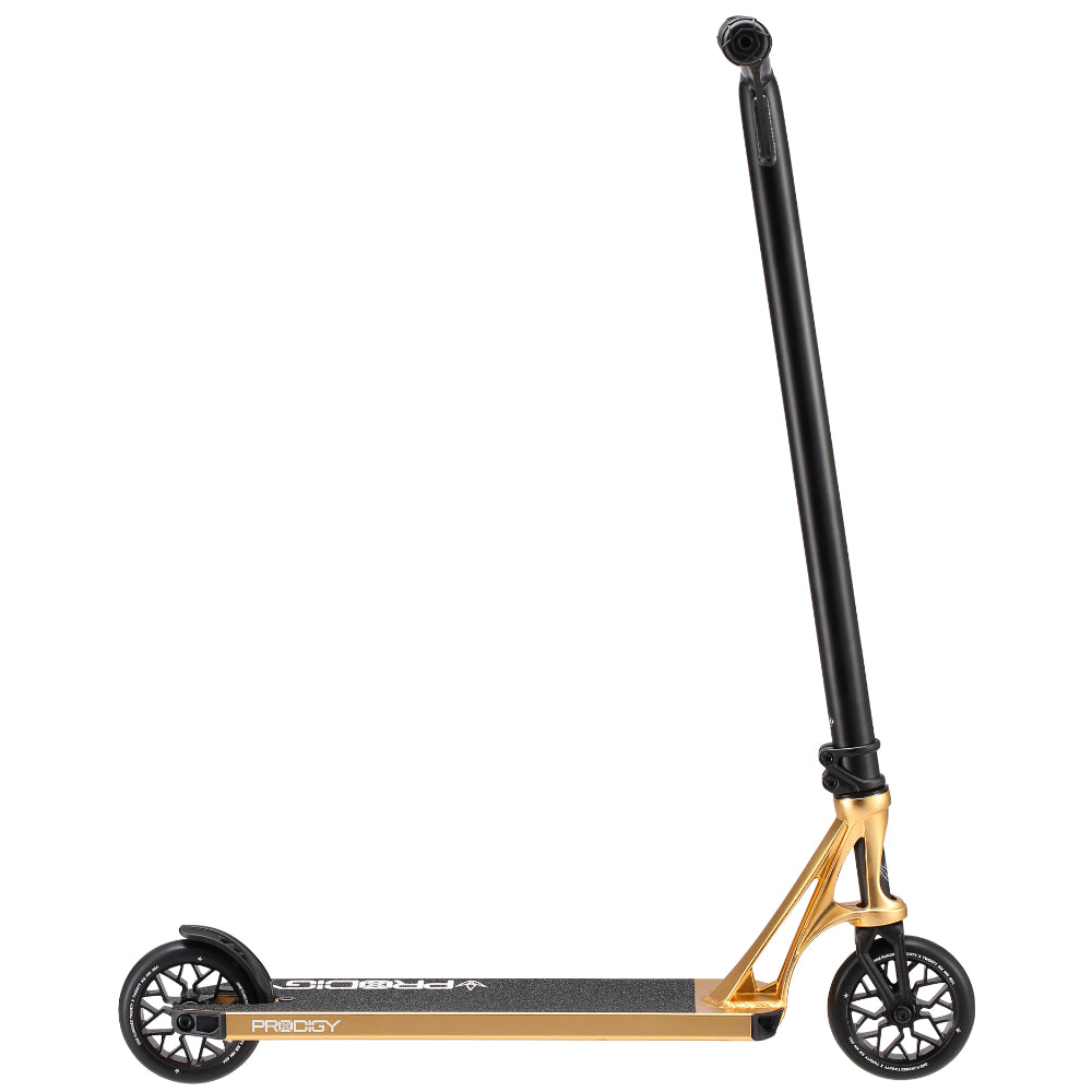 Envy Prodigy X Park Freestyle Scooter Complete Gold Side View With Diamond Shape Neck And Wheels