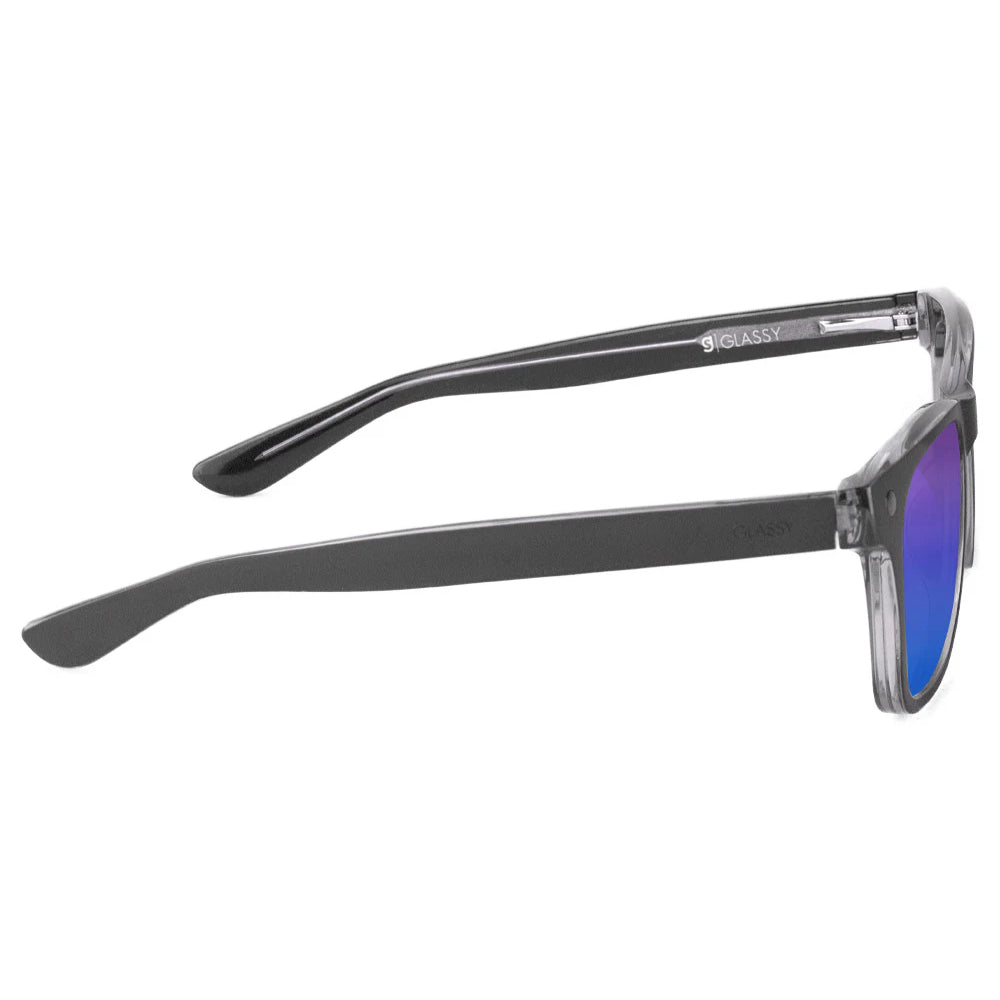 Glassy Harper Premium Polarized Matte Black Clear / Blue Mirror Sunglasses Side View