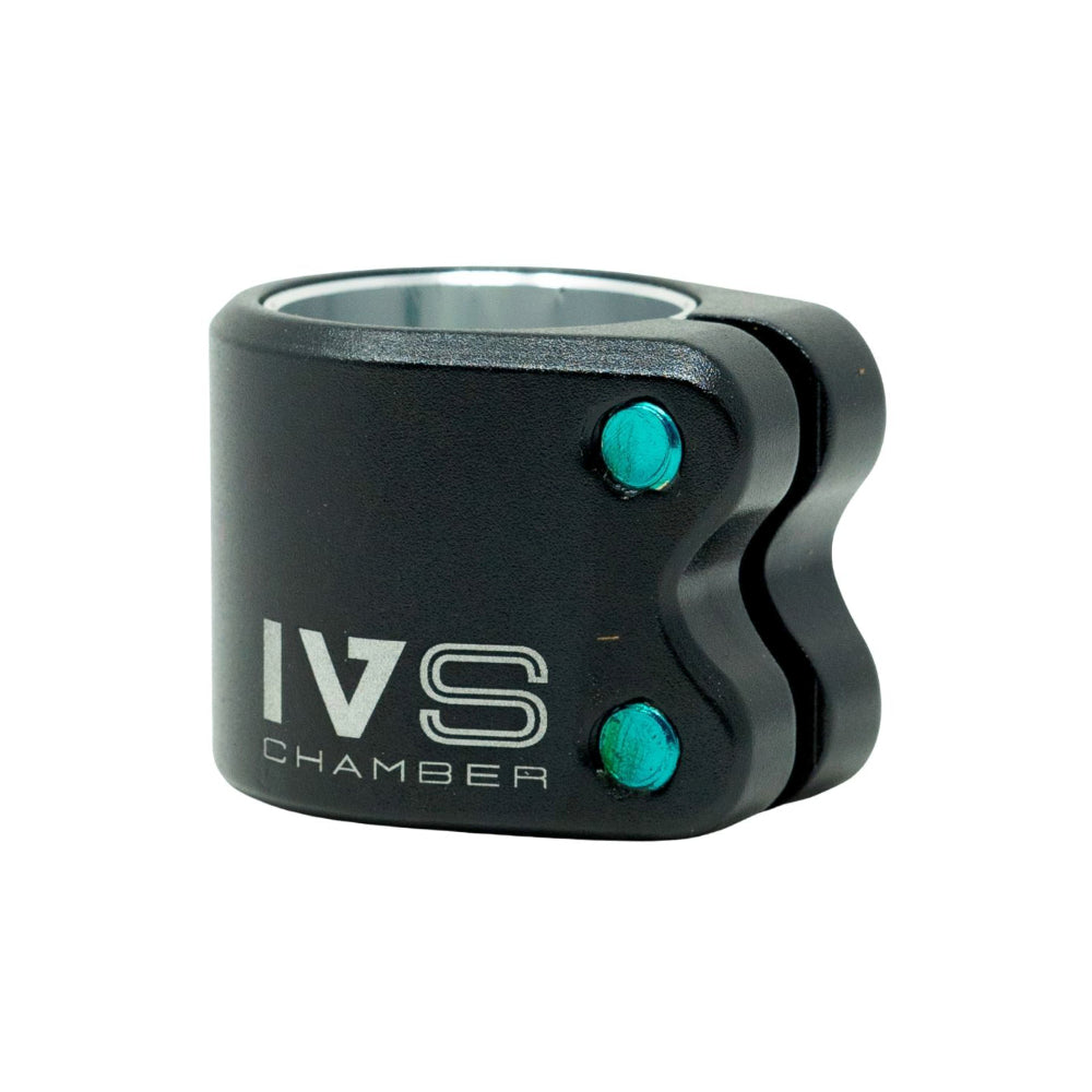 IVS Chamber 2 Bolt Scooter Clamp Black Anodized Blue Bolts Side Logo