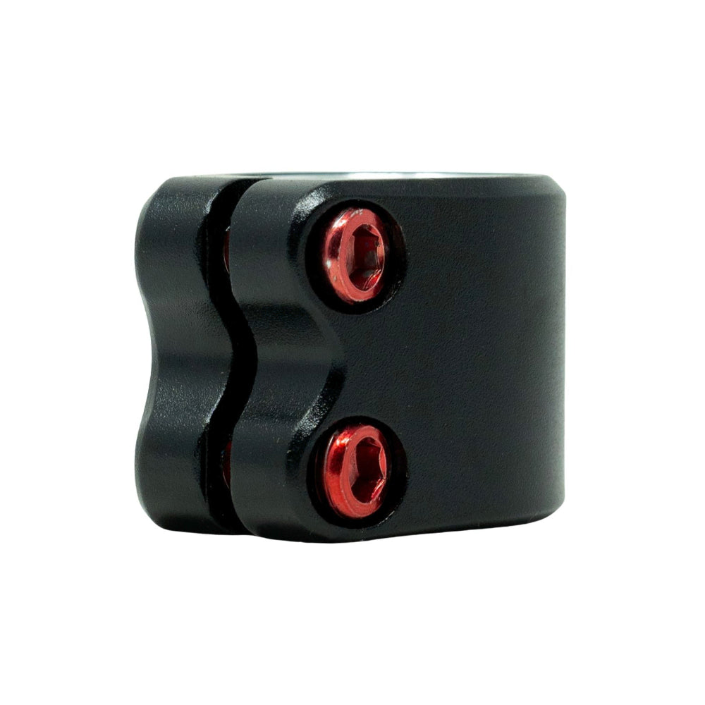 IVS Chamber 2 Bolt Scooter Clamp Black Anodized Red Bolts Angle