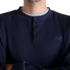 New Balance Numeric Waffle Knit Long Sleeve Henley Dark Night Blue Buttons Close Up View