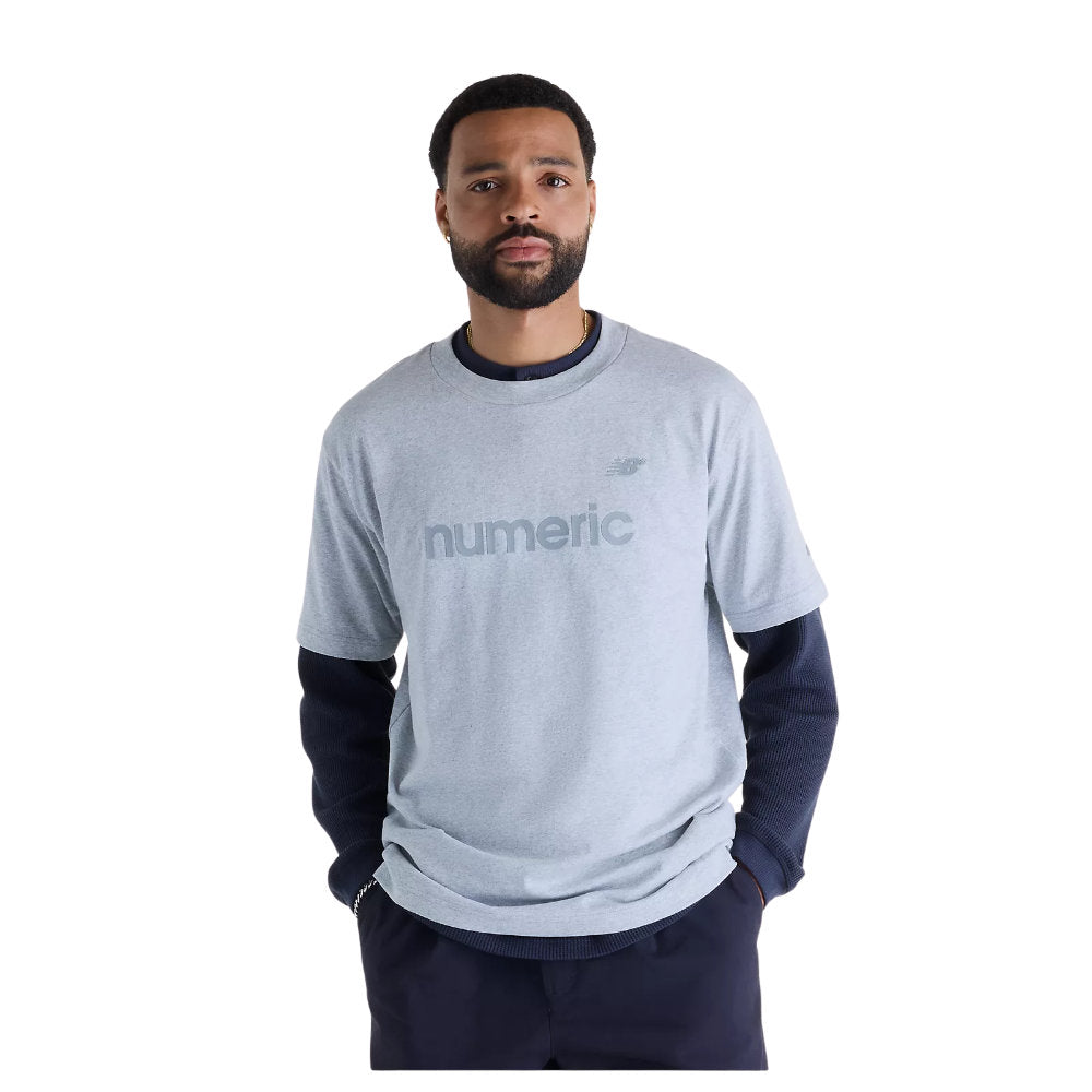 New Balance Numeric Jersey Cotton T-Shirt Athletic Grey Model Front Close Up