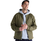 New Balance Numeric Thermal Jacket Wakame Green Front Close Up With Grey Hoodie
