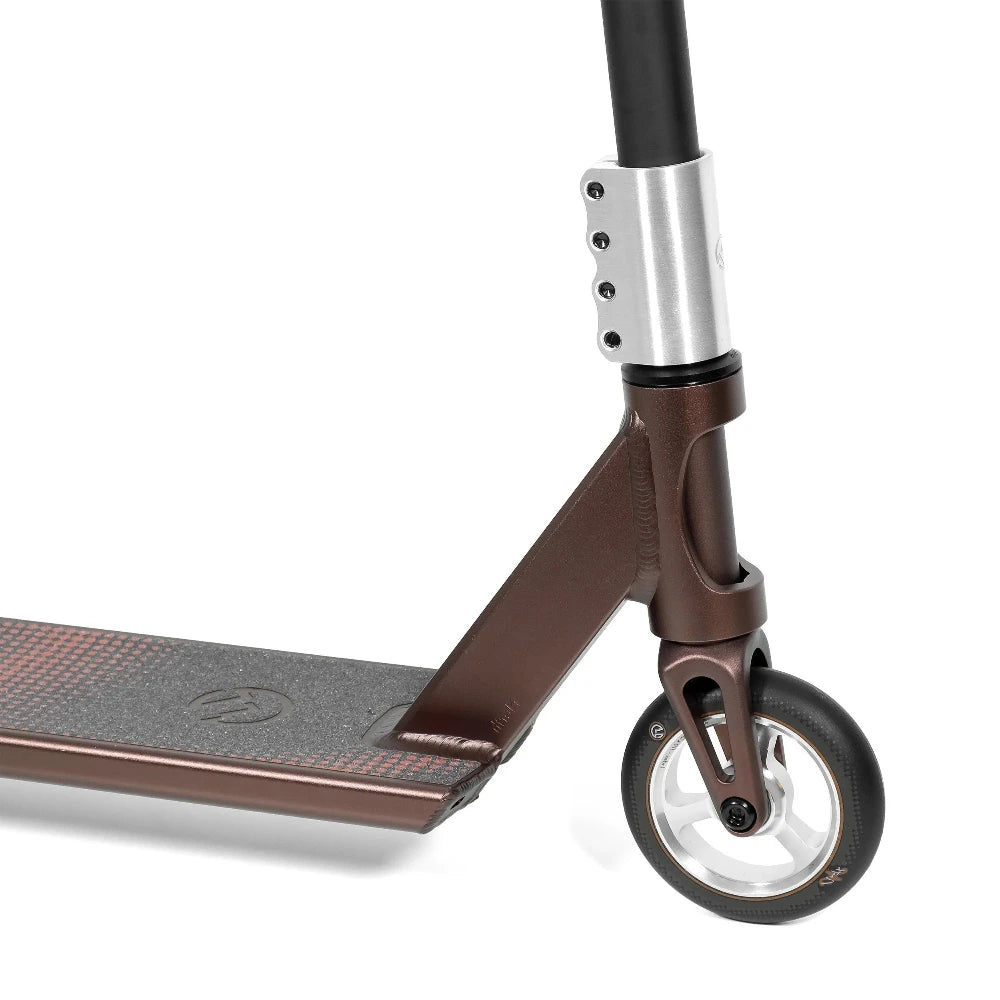 North Scooters Satisfact G5 Complete Scooter Maroon Front Close Up With Nova Fork And SCS Compression System