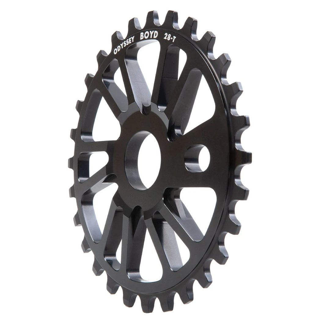 Odyssey Boyd Hilder Signature Sprocket - BMX Sprocket Introducing Boyd Hilder’s new signature sprocket.  The BOYD SPROCKET is a clean five spoke directional design CNC machined from lightweight 7075-T6 aluminum. The spokes increase in thickness towards the center for added strength and it comes in 25T, 28T, & 30T size options. Black only. 28t