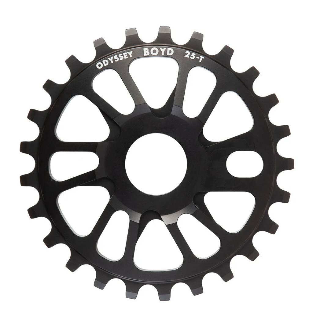Odyssey Boyd Hilder Signature Sprocket - BMX Sprocket Introducing Boyd Hilder’s new signature sprocket.  The BOYD SPROCKET is a clean five spoke directional design CNC machined from lightweight 7075-T6 aluminum. The spokes increase in thickness towards the center for added strength and it comes in 25T, 28T, & 30T size options. Black only. 25t