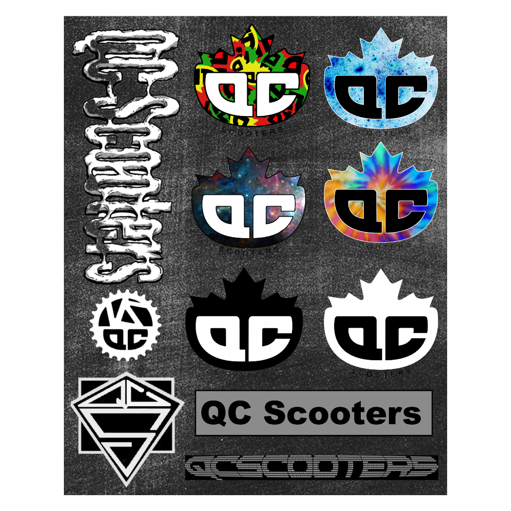 Collection of QC Scooters logos and designs on a black background
