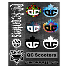 Collection of QC Scooters logos and designs on a black background