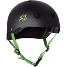 S1 Lifer Matte Black / Bright Green Straps CERTIFIED Helmets Angle View
