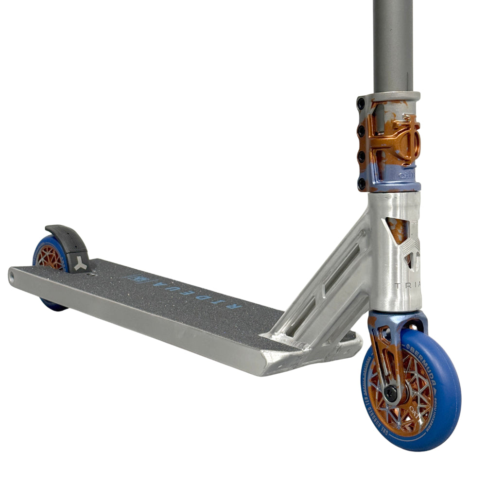 Triad Hybrid Custom Pro Scooter Raw / Blue / Orange Smuggler Bars Close Up