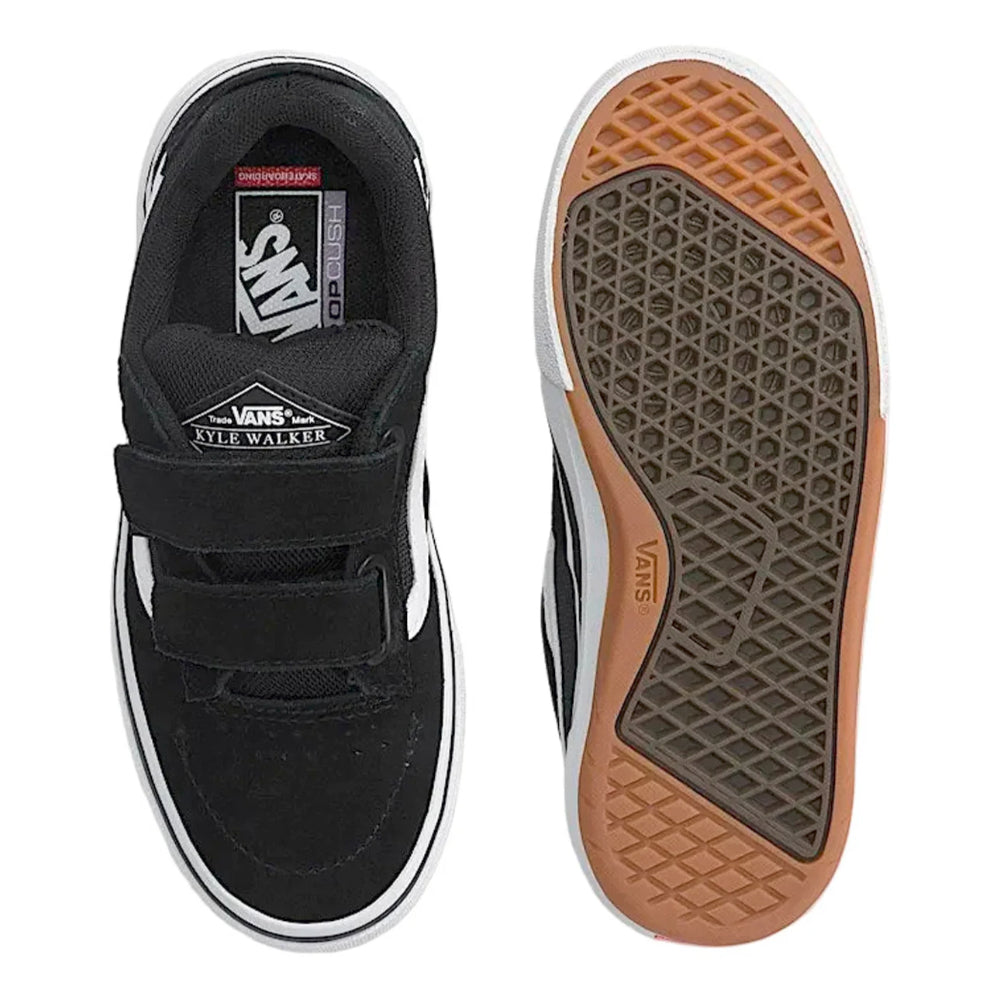 Vans Kids Skate Kyle Walker WaffleCup Velcro Shoes Black / White Top Bottom View PopCush Insole WaffleCup Outsole