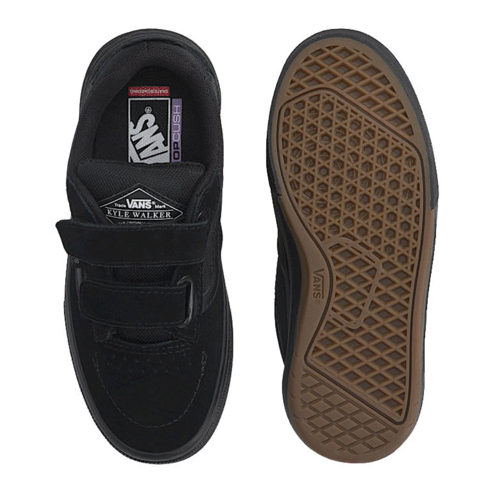 Vans Kids Skate Kyle Walker WaffleCup Velcro Shoes Blackout Top Bottom View With PopCush Insole and WaffleCup Outsole