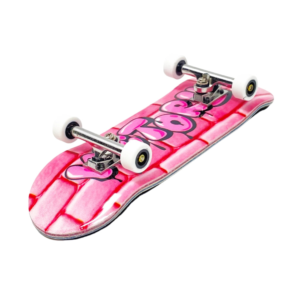 Victory Fingerboards Bubble Gum 34mm Pro Complete Angle Bottom View With Black Core Wheels