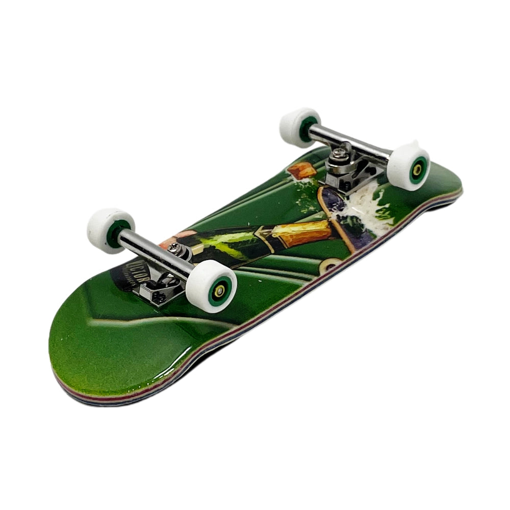 Victory Fingerboards Champaign 34mm Pro Complete Angle Bottom View With Green Core Wheels