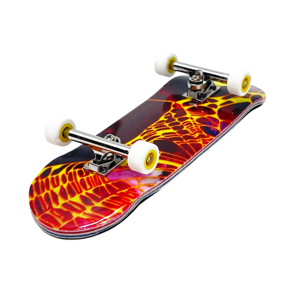 Victory Fingerboards Galactic Web 34mm Pro Complete Bottom Angle View With Yellow Core Wheels