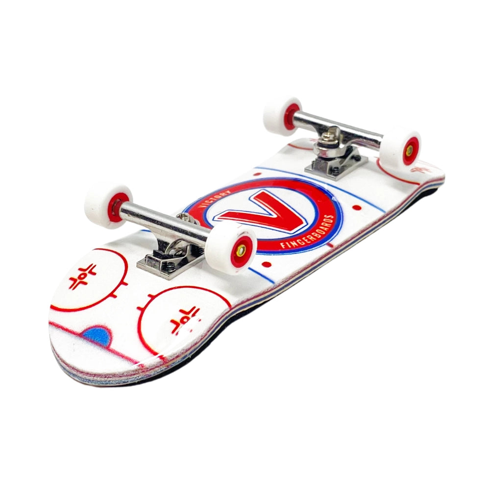 Victory Fingerboards Hockey Rink 34mm Pro Complete Bottom Angle View With Red Core Wheels
