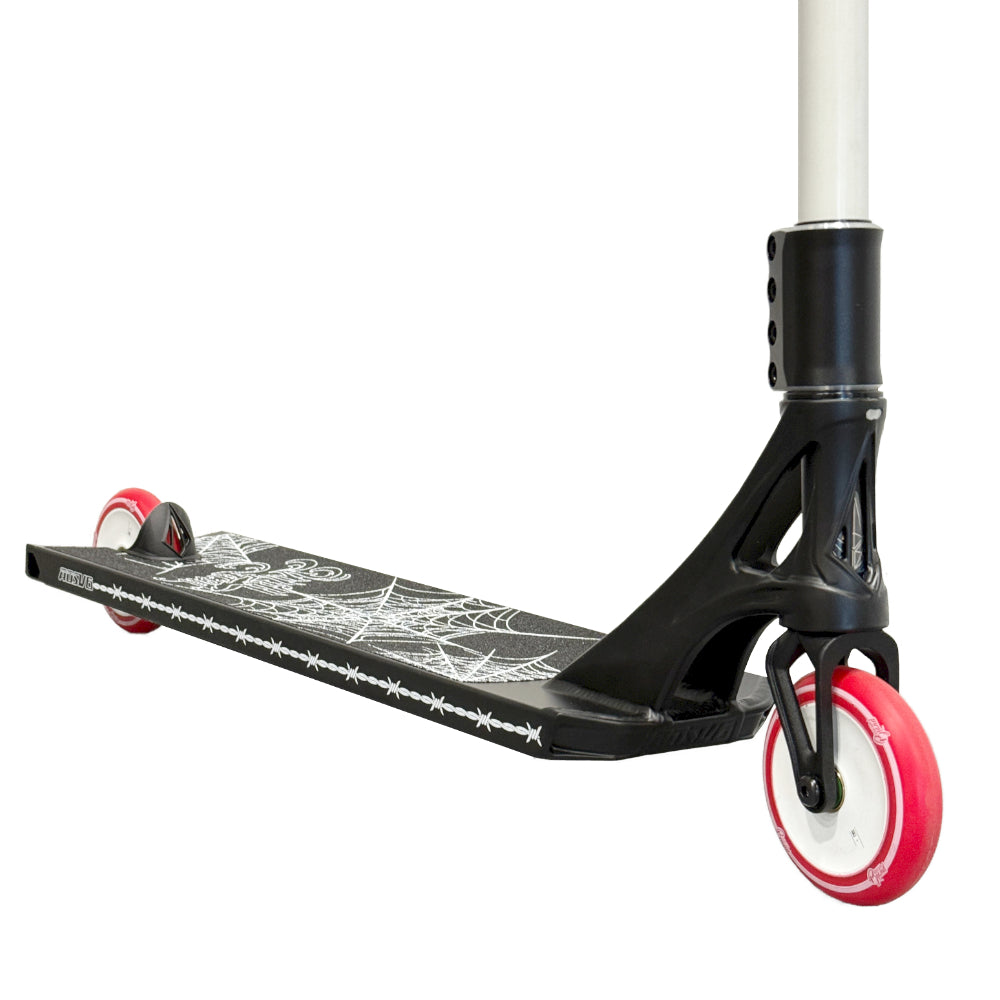 White Devil 6.5in Custom Scooter Close Up With Envy Diamond Fork, Urbanartt 110x24mm Wheels adn Envy AOS V6 Will Scott Deck