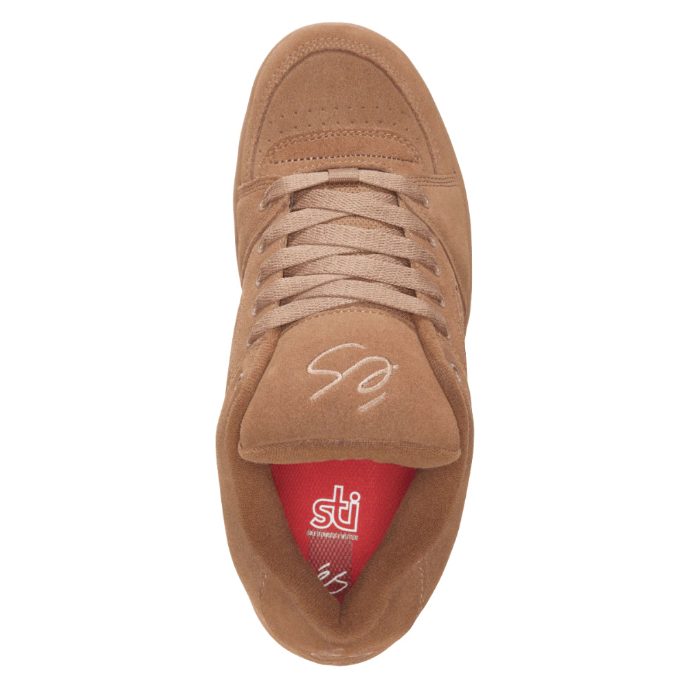 éS Accel OG Brown / Gum Shoes Top View With Puffed Tong And STI Energy Foam Insole