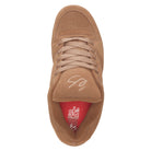 éS Accel OG Brown / Gum Shoes Top View With Puffed Tong And STI Energy Foam Insole