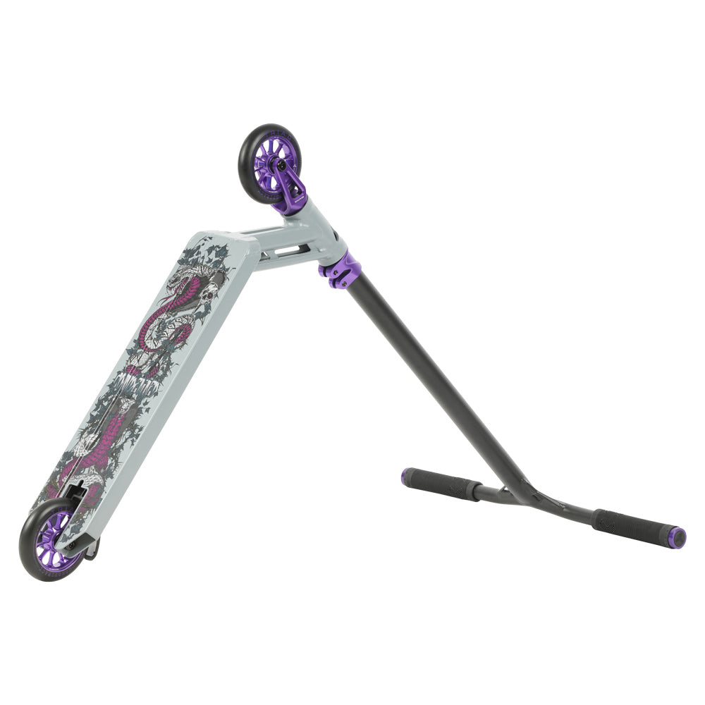 Triad C120 Condemned Matte Grey / Purple Park Freestyle Scooter Flipped