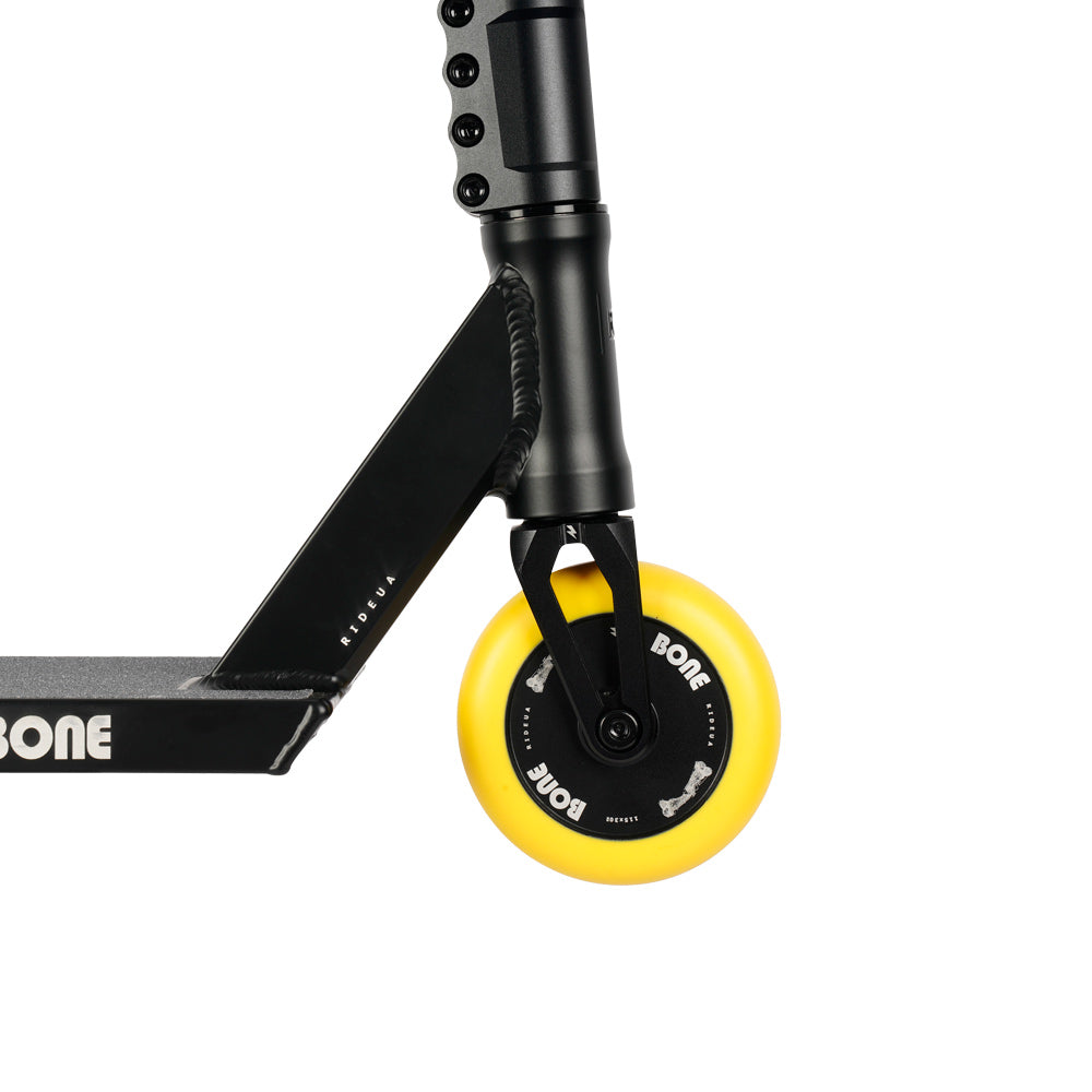 UrbanArtt Bone 5.5in x 22in Black / Yellow Street Freestyle Scooter Side Front Wheel