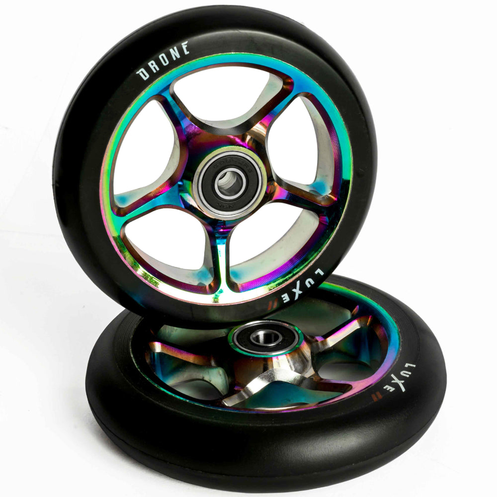 Drone Luxe II 110x24mm Scooter Wheels Oilslick Neo Chrome Pair