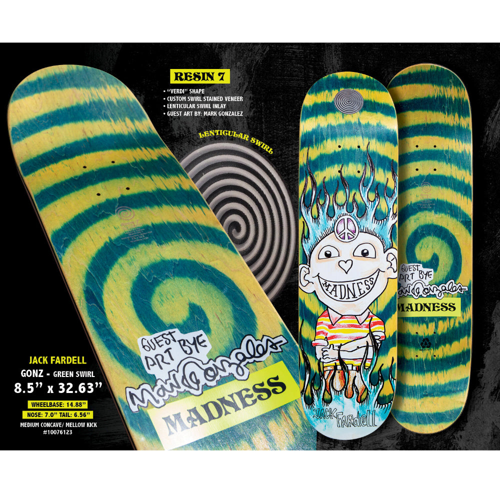 Madness Jack Gonz R7 Green Swirl 8.5 - Skateboard Deck Specs