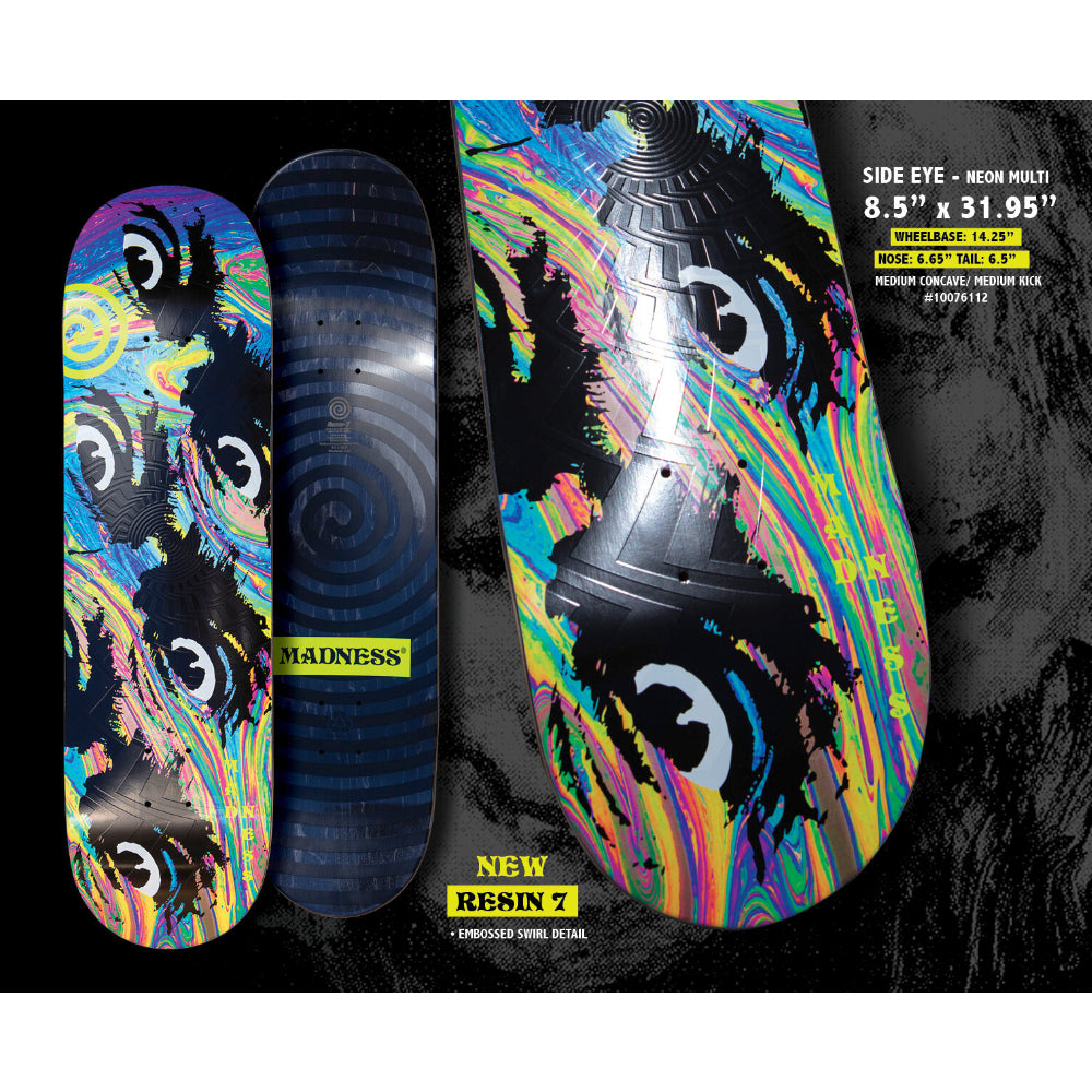 Madness Side Eye Neon Multi R7 8.5 - Skateboard Deck Specs