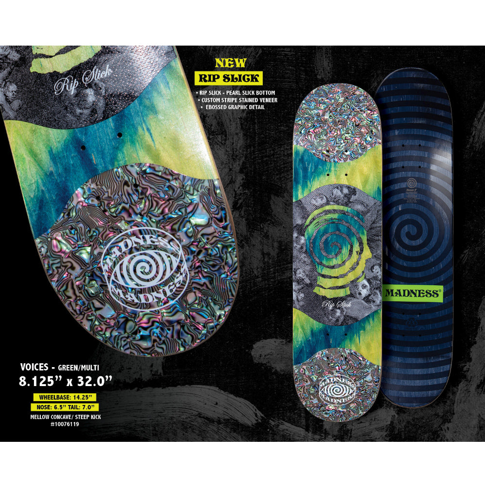 Madness Voices R7 Green Multi Rip Slick 8.125 - Skateboard Deck Specs