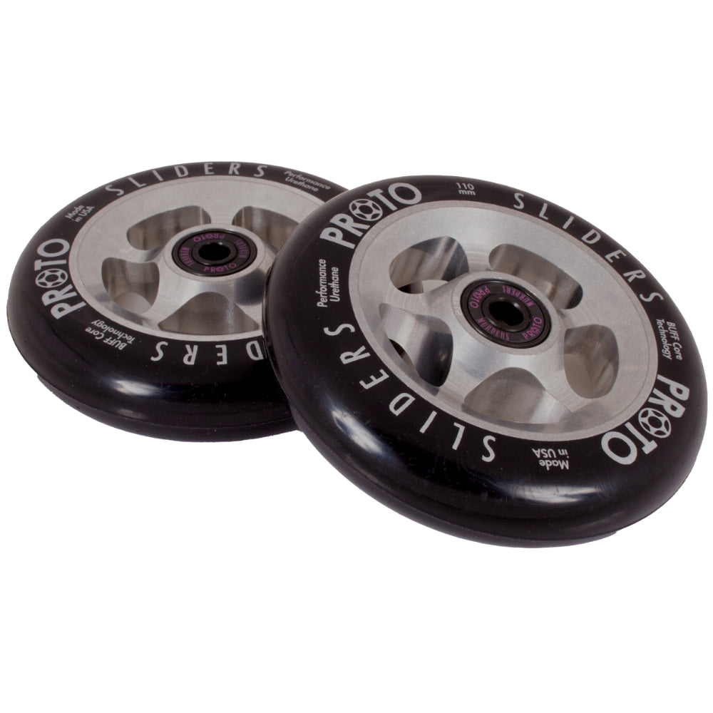 Proto Sliders 110mm Black On Raw Freestyle Scooter Wheels Pair