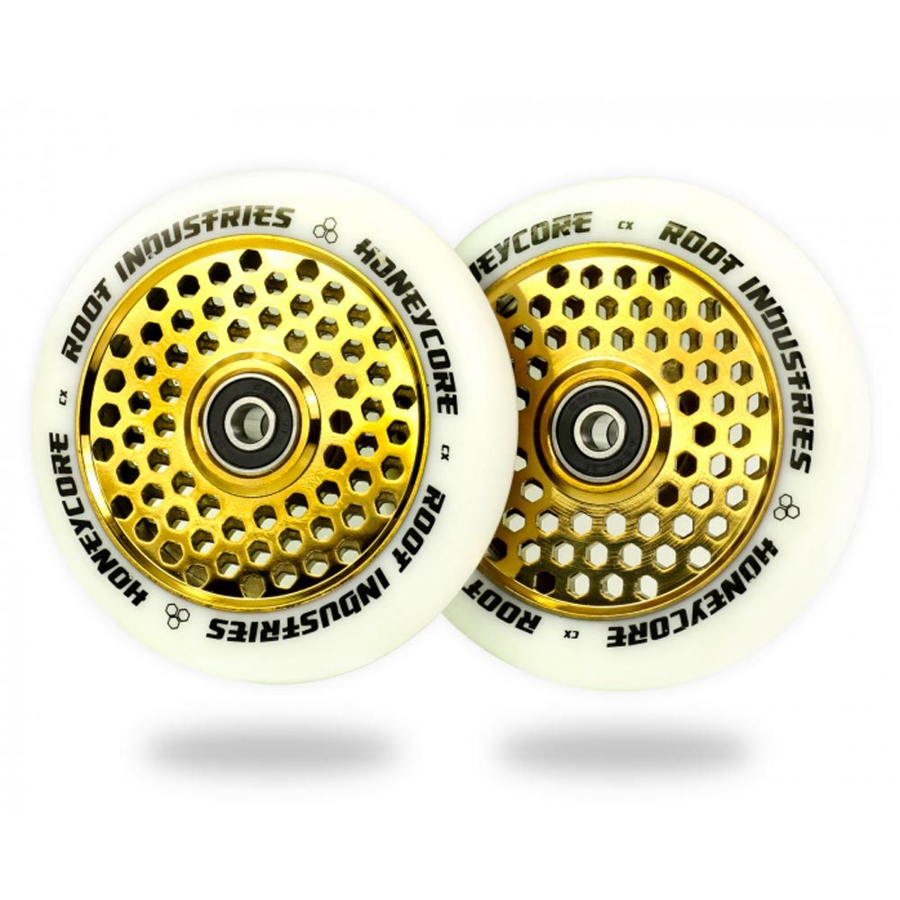 Root Industries Honeycore 120mm White Urethane (PAIR) - Scooter Wheels Gold