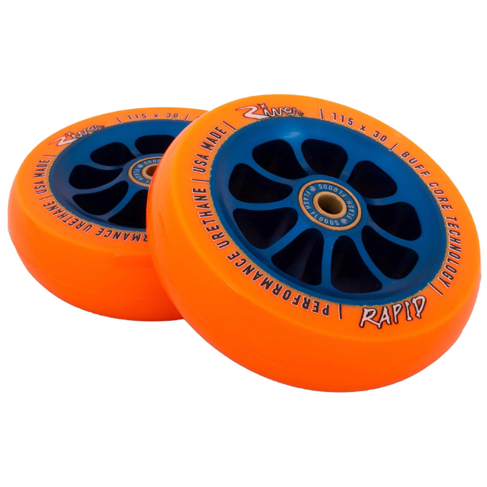 River Rapids Sunfire 115x30mm Street Freestyle Scooter Wheels with Buff Core technology Pair Flash Flood bearings