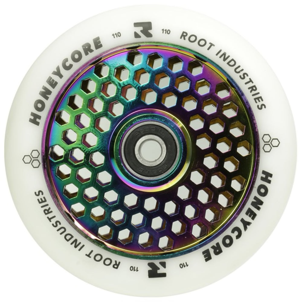 Root Industries Honeycore 110mm White PU Freestyle Scooter Wheel Rocket Fuel Oilslick Neo Chrome