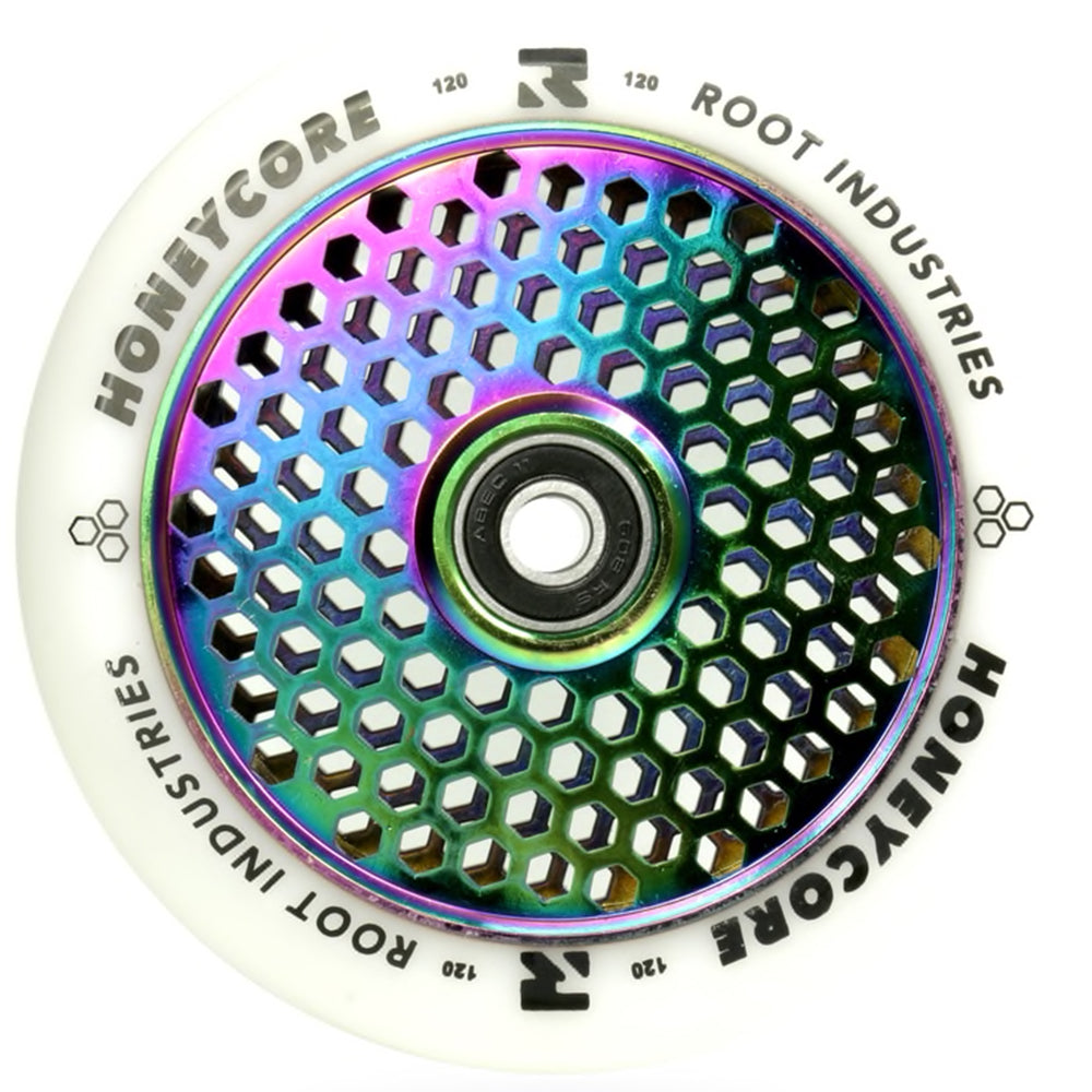 Root Industries Honeycore 120mm White Urethane (PAIR) - Scooter Wheels Rocket Fuel Oilslick NeoChrome