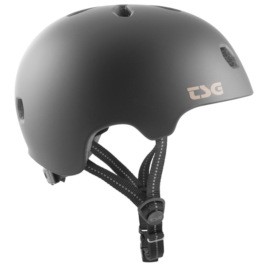 TSG The Meta Solid Color Satin Black (CERTIFIED) - Helmet Side Close Up Logo