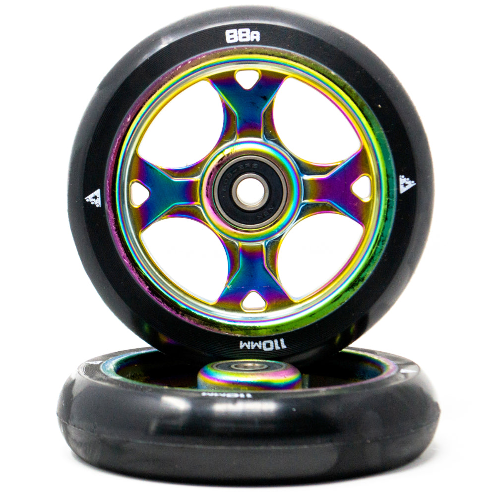 Trynyty Gothic 110mm Freestyle Scooter Wheels Oil Slick Rocket Fuel Neo Chrome