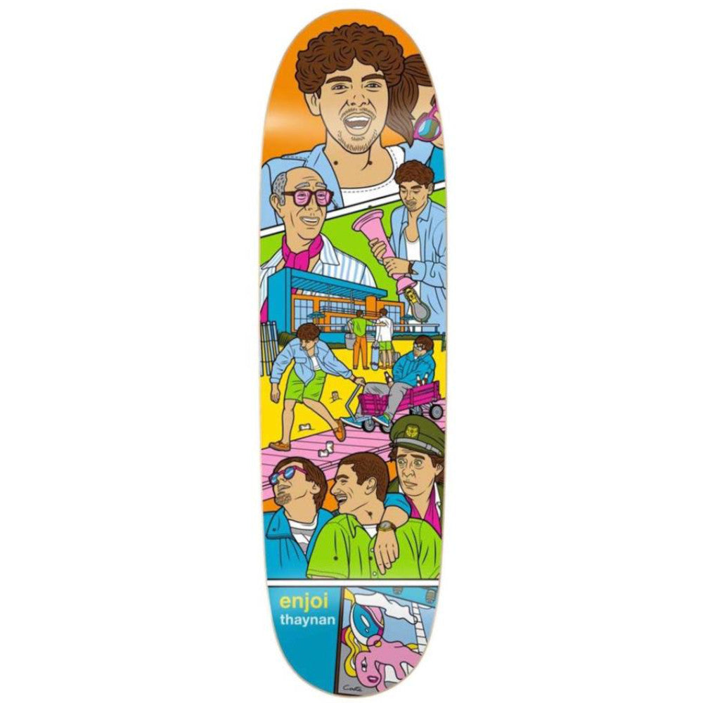 enjoi Thaynan Weekend At Louies R7 8.75 Skateboard Deck Resin-7 North American Maple Construction Width: 8.75" / Length: 31.8" / Wheelbase: 14.25" Mellow Concave / Steep Kick